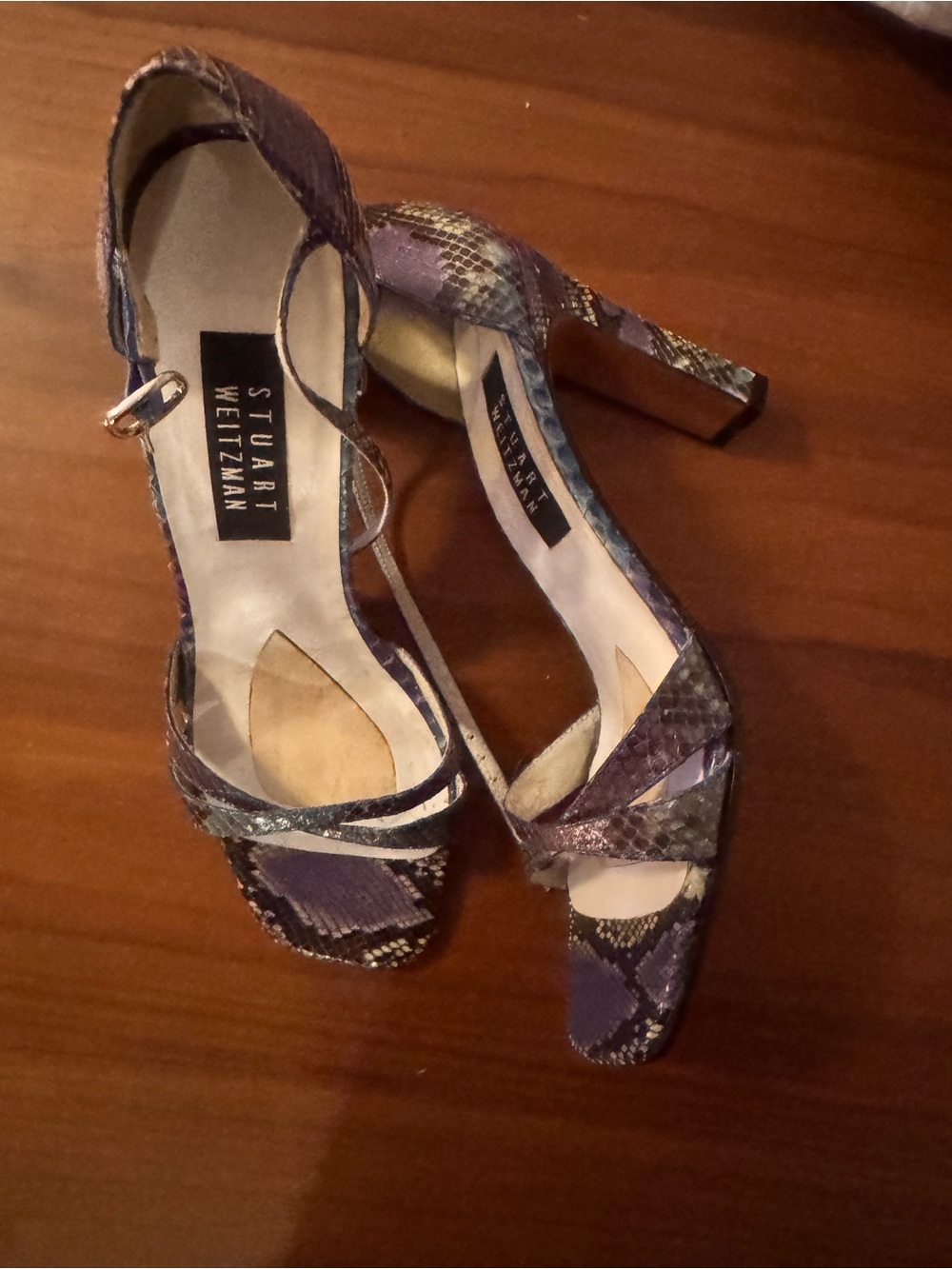 Stuart Weitzman Purple Green Black Snakeskin ankle Strap Sandals Heels - Picture 5 of 7